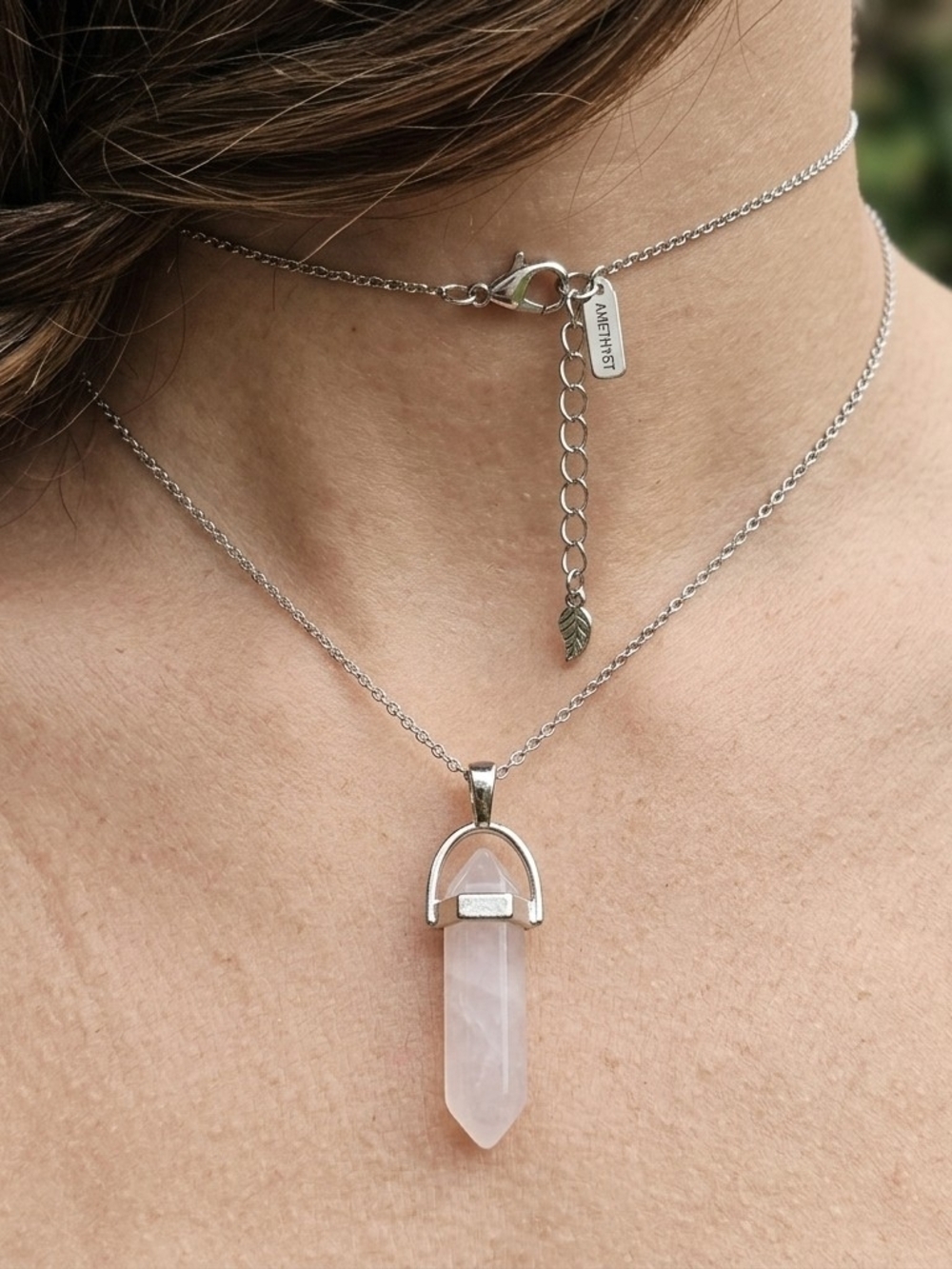 Source Unknown Silver Rose Quartz Point Pendant Necklace